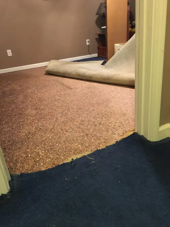 Carpet pad removal revealing water damage during Drying & Dehumidification in Purcell